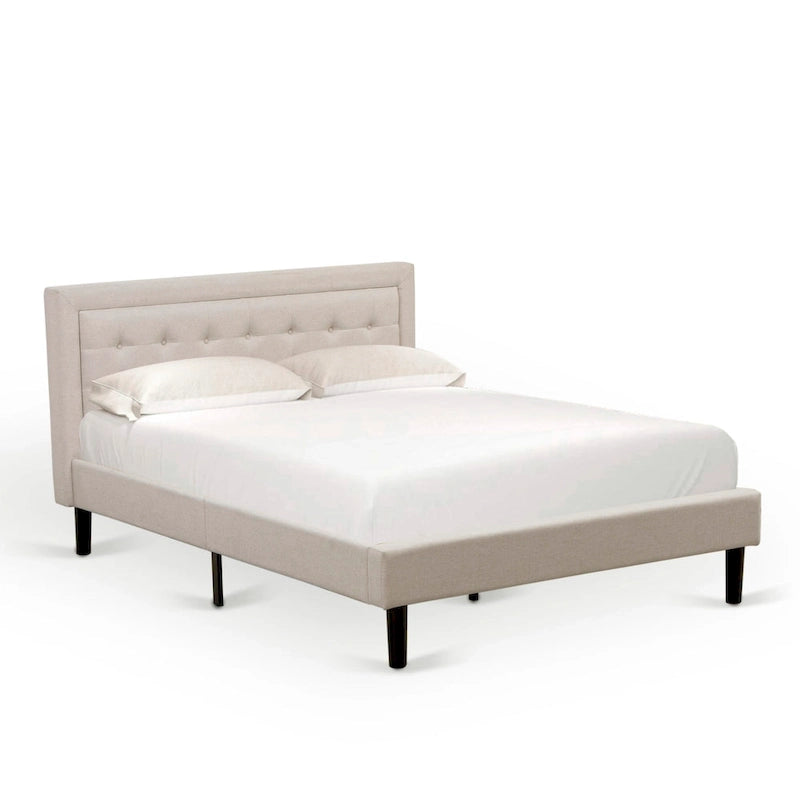 East West Furniture Platform Bed- Denim Linen Fabric Headboard with Button Tufted Trim Design - Black Legs(Size & Finish Option)