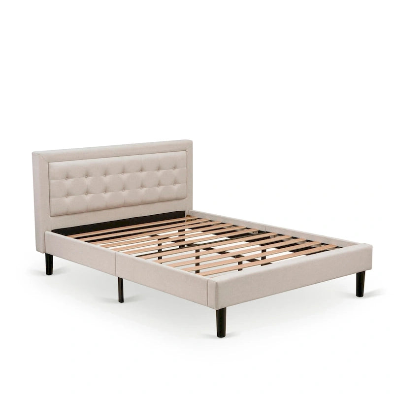 East West Furniture Platform Bed- Denim Linen Fabric Headboard with Button Tufted Trim Design - Black Legs(Size & Finish Option)