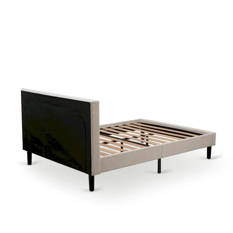 East West Furniture Platform Bed- Denim Linen Fabric Headboard with Button Tufted Trim Design - Black Legs(Size & Finish Option)