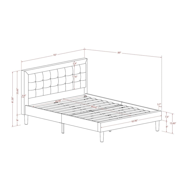East West Furniture Platform Bed- Denim Linen Fabric Headboard with Button Tufted Trim Design - Black Legs(Size & Finish Option)