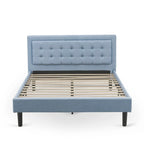 East West Furniture Platform Bed- Denim Linen Fabric Headboard with Button Tufted Trim Design - Black Legs(Size & Finish Option)