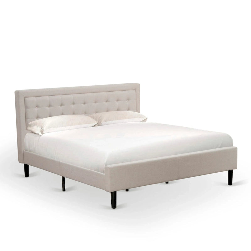 East West Furniture Platform Bed- Denim Linen Fabric Headboard with Button Tufted Trim Design - Black Legs(Size & Finish Option)