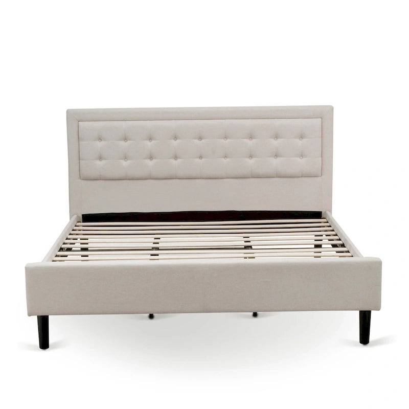 East West Furniture Platform Bed- Denim Linen Fabric Headboard with Button Tufted Trim Design - Black Legs(Size & Finish Option)