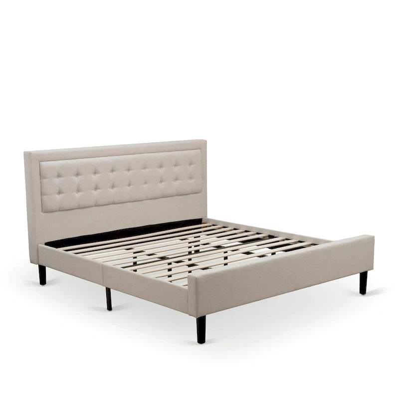 East West Furniture Platform Bed- Denim Linen Fabric Headboard with Button Tufted Trim Design - Black Legs(Size & Finish Option)