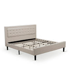 East West Furniture Platform Bed- Denim Linen Fabric Headboard with Button Tufted Trim Design - Black Legs(Size & Finish Option)