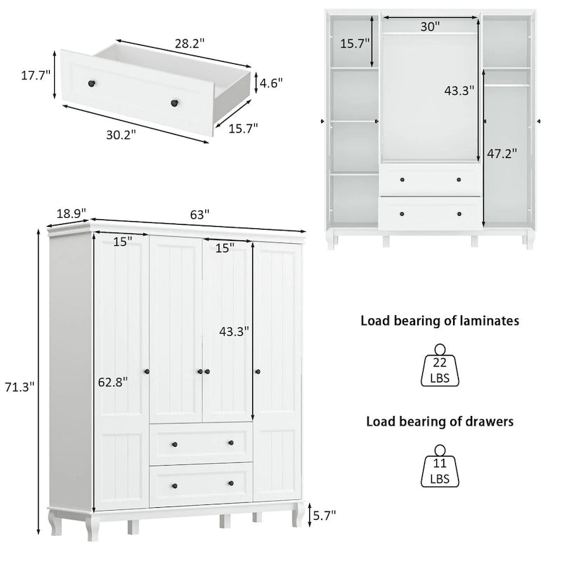 Home Traditional 2 Drawer Freestanding Wood Armoire in White Lacquer - 63Wx71.3