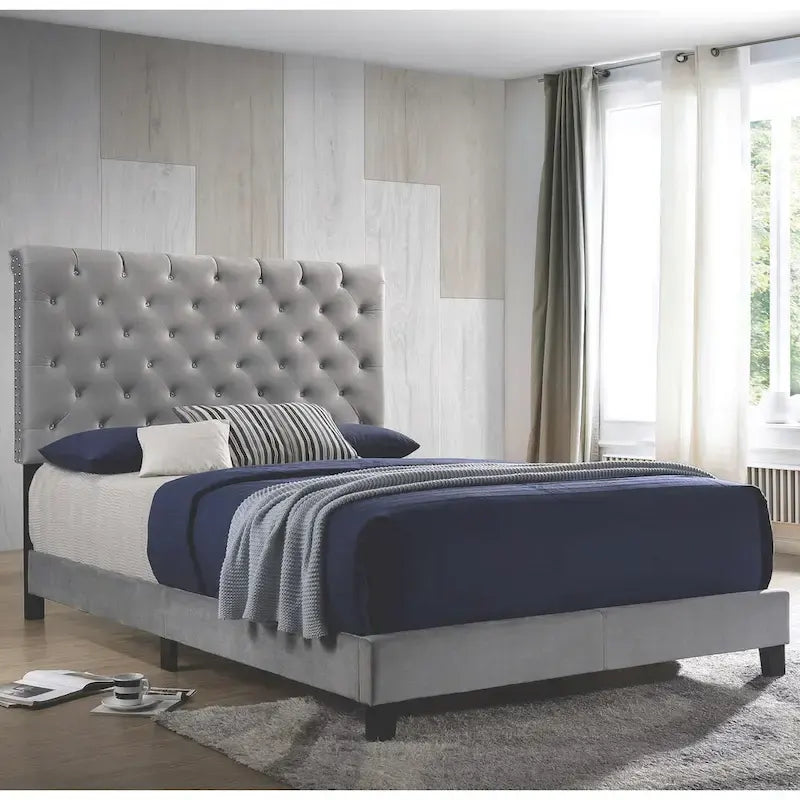 Modern Button Tufted Design Grey Velvet Upholstered Bed