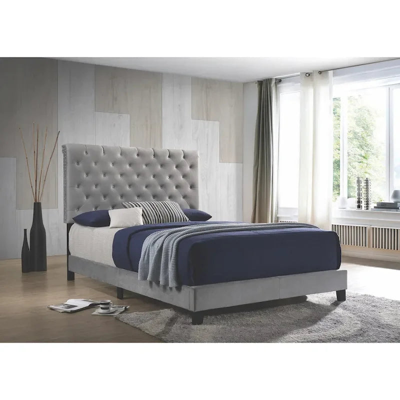 Modern Button Tufted Design Grey Velvet Upholstered Bed