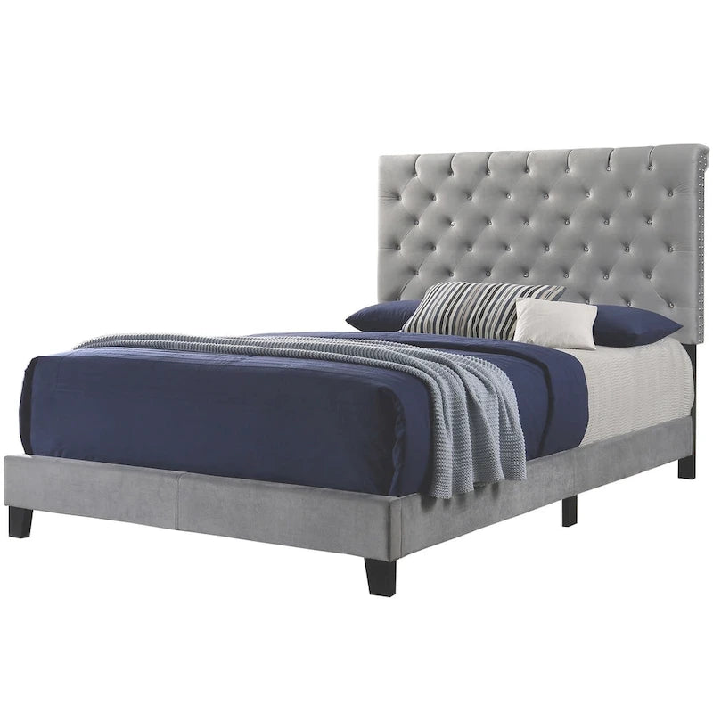 Modern Button Tufted Design Grey Velvet Upholstered Bed