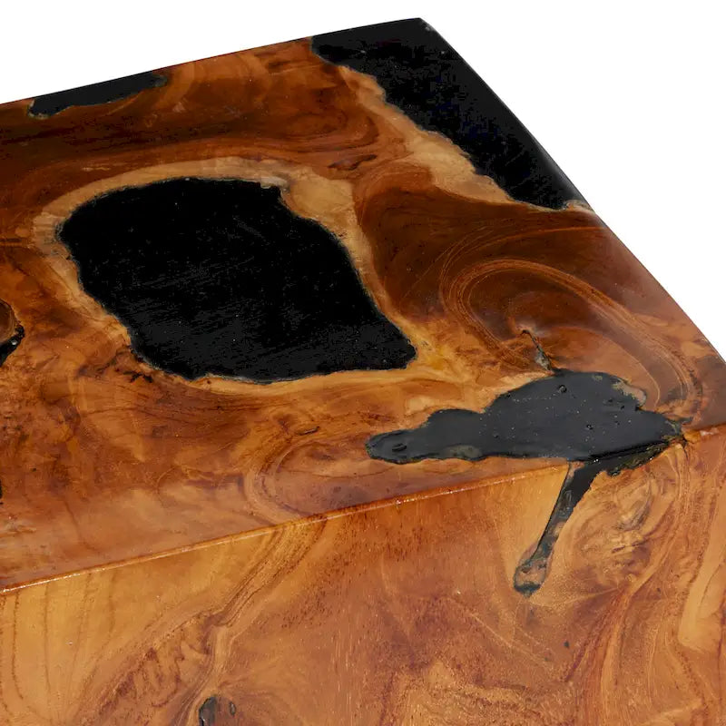 Teak Wood Block Accent Table with Black Resin Inlay - Brown - Roche River Decor - 11Wx12Lx15H