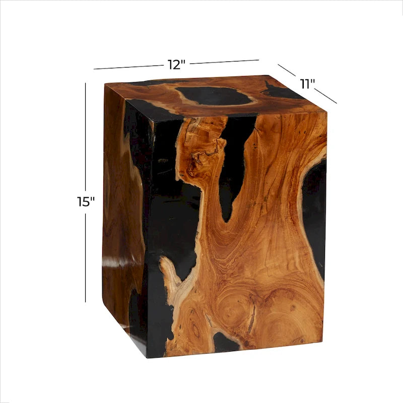Teak Wood Block Accent Table with Black Resin Inlay - Brown - Roche River Decor - 11Wx12Lx15H