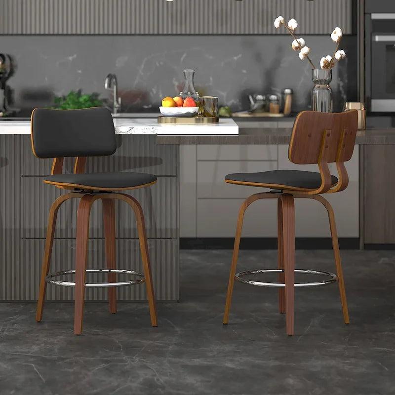 Mid-Century Fabric and Wood 26 Counter Stool with Swivel