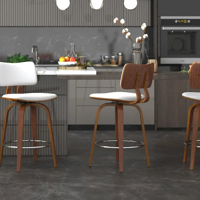 Mid-Century Fabric and Wood 26 Counter Stool with Swivel