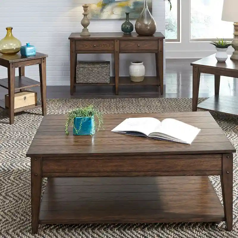 Liberty Furniture Lake House Square Lamp Accent Table Rustic Brown Oak