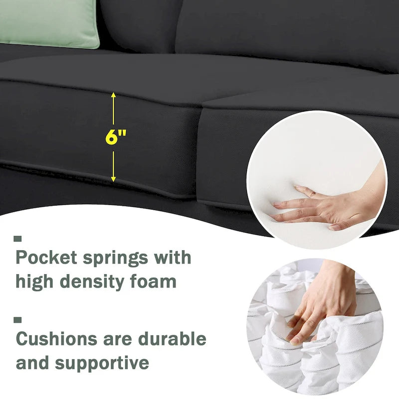 112*87 Sectional Sofa Couches Living Room Sets 7 Seats Modular Sectional Sofa with 3 Pillows, Black