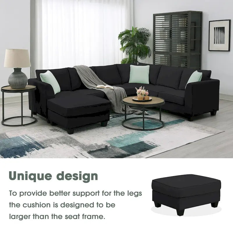 112*87 Sectional Sofa Couches Living Room Sets 7 Seats Modular Sectional Sofa with 3 Pillows, Black
