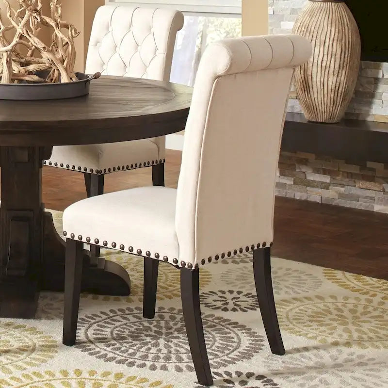 Decorative Rolled Back Button Tufted Dining Chairs with Nailhead Trim (Set of 2)