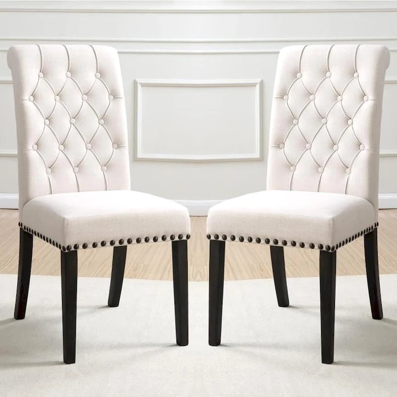 Decorative Rolled Back Button Tufted Dining Chairs with Nailhead Trim (Set of 2)