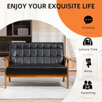 HOMEFUN Mid-Century Linen/PU Upholstered Wood Frame Tufted Loveseat Sofa