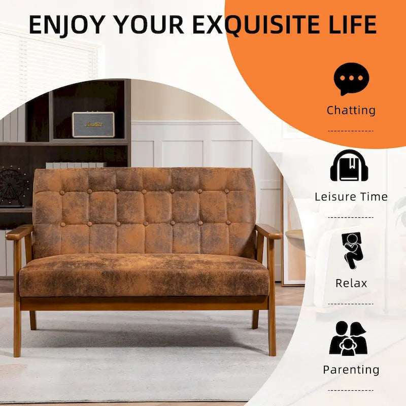 HOMEFUN Mid-Century Linen/PU Upholstered Wood Frame Tufted Loveseat Sofa