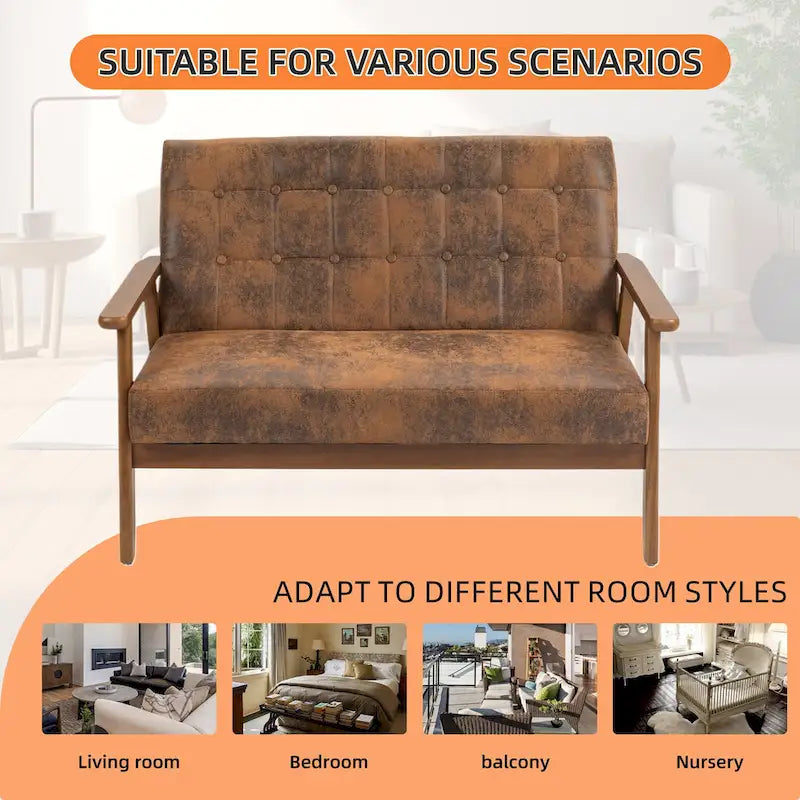 HOMEFUN Mid-Century Linen/PU Upholstered Wood Frame Tufted Loveseat Sofa