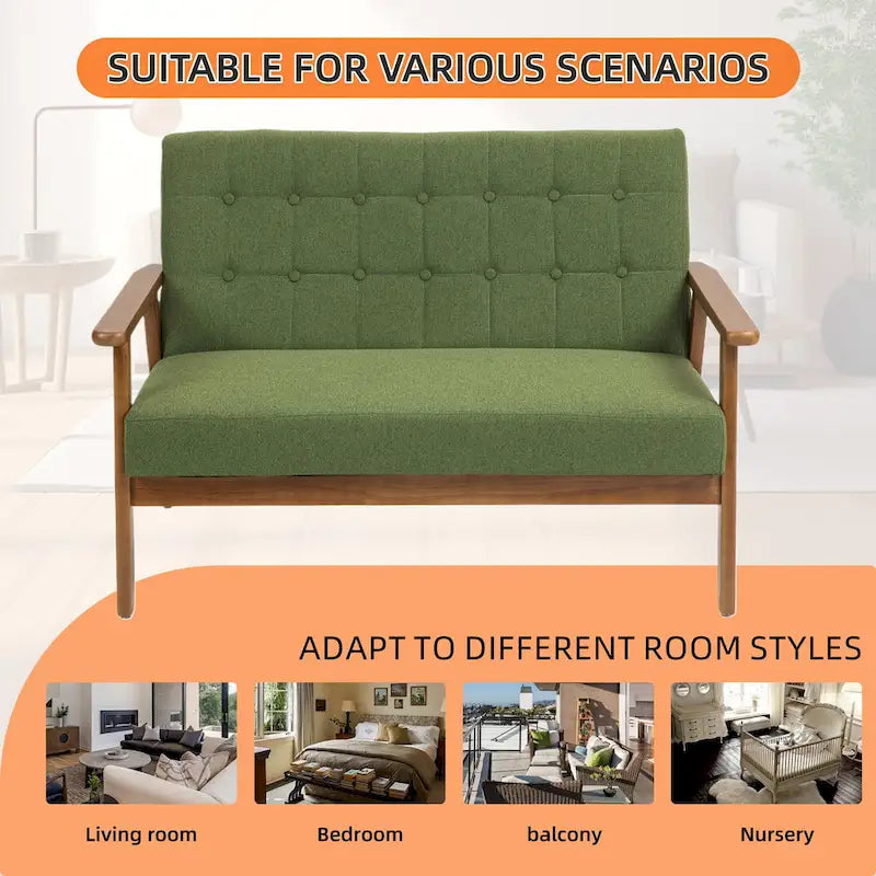 HOMEFUN Mid-Century Linen/PU Upholstered Wood Frame Tufted Loveseat Sofa