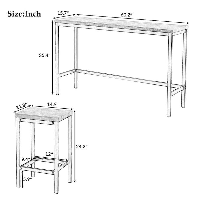 Extra Long Dining Table Set with 3 Stools Pub
