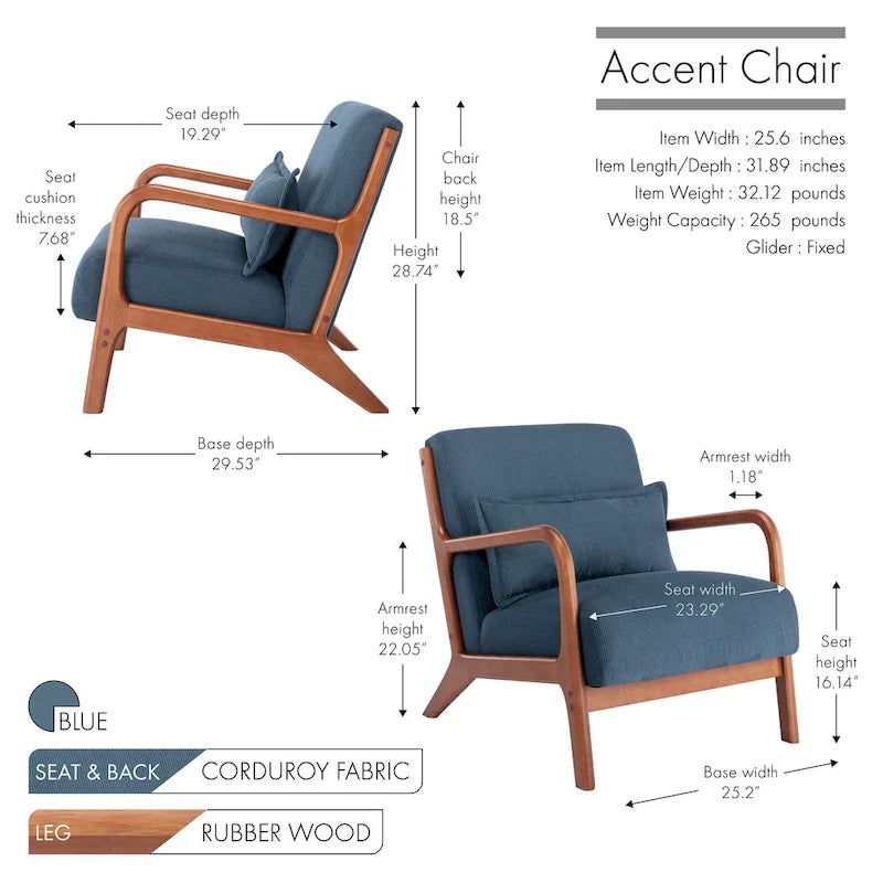 Porthos Home Biana Corduroy Fabric Accent Chair with Pillow and Rubberwood Frame