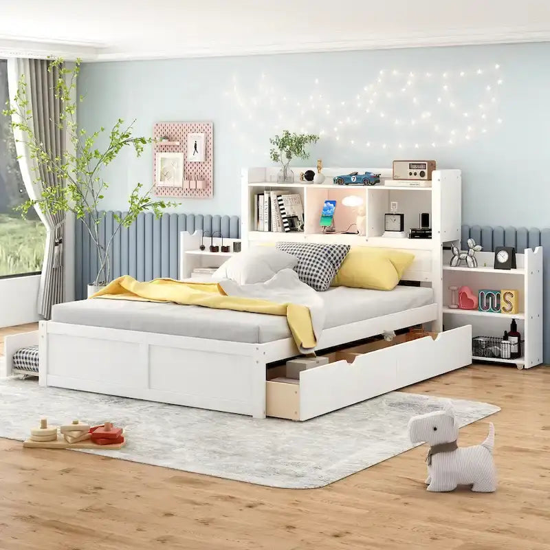 Full Size Storage Platform Bed with Pull Out Shelves, Twin Size Trundle and 2 Drawers, White
