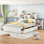 Full Size Storage Platform Bed with Pull Out Shelves, Twin Size Trundle and 2 Drawers, White