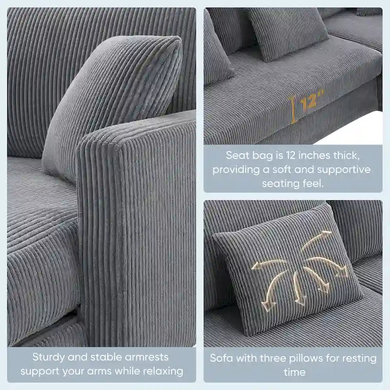 [VIDEO provided][New]87*61Modern L-shaped Corduroy Sofa with Reversible Chaise,4-seat Upholstered Sectional Indoor Furniture,Co