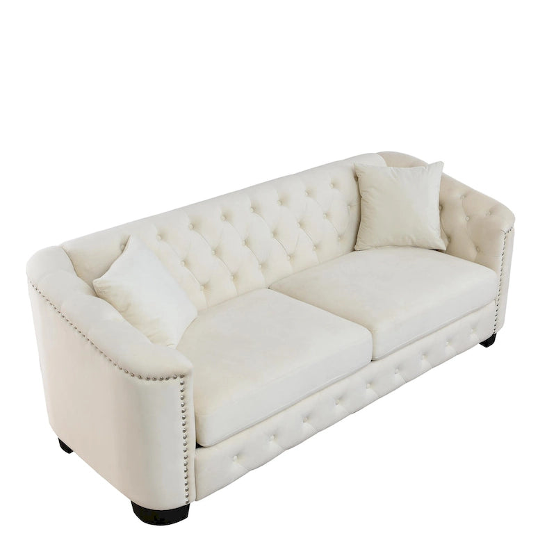 77-Inch Modern Chesterfield Velvet Sofa, 3-Seater Sofa, Upholstered Tufted Backrests with Nailhead Arms and 2 Cushions for Livin