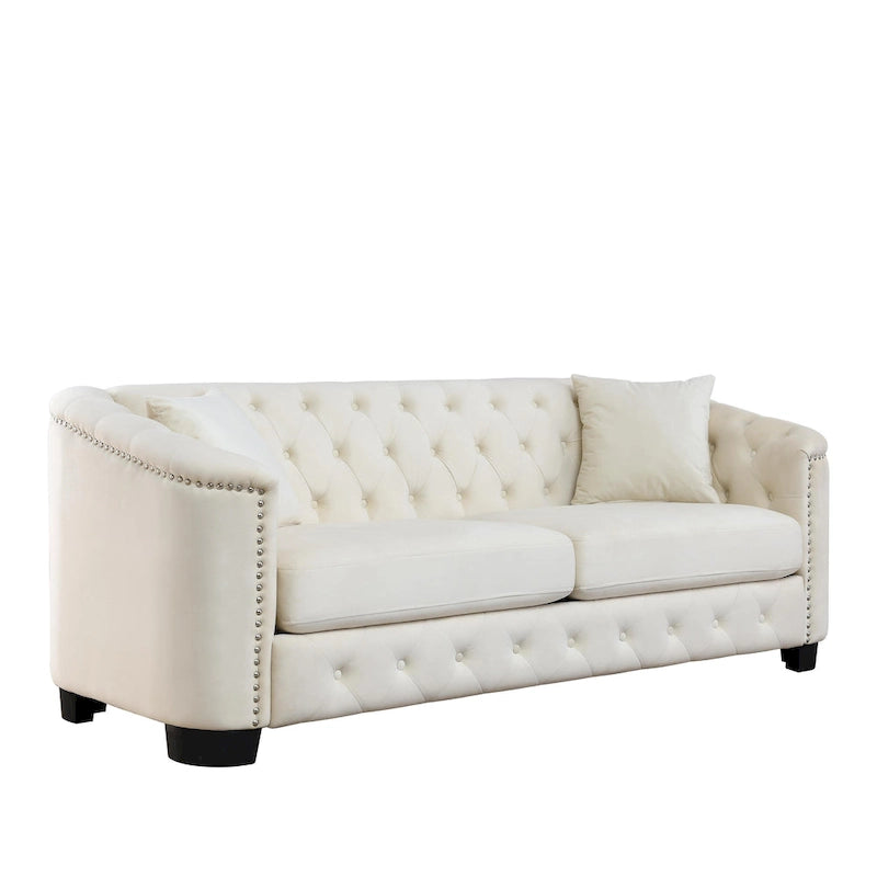 77-Inch Modern Chesterfield Velvet Sofa, 3-Seater Sofa, Upholstered Tufted Backrests with Nailhead Arms and 2 Cushions for Livin