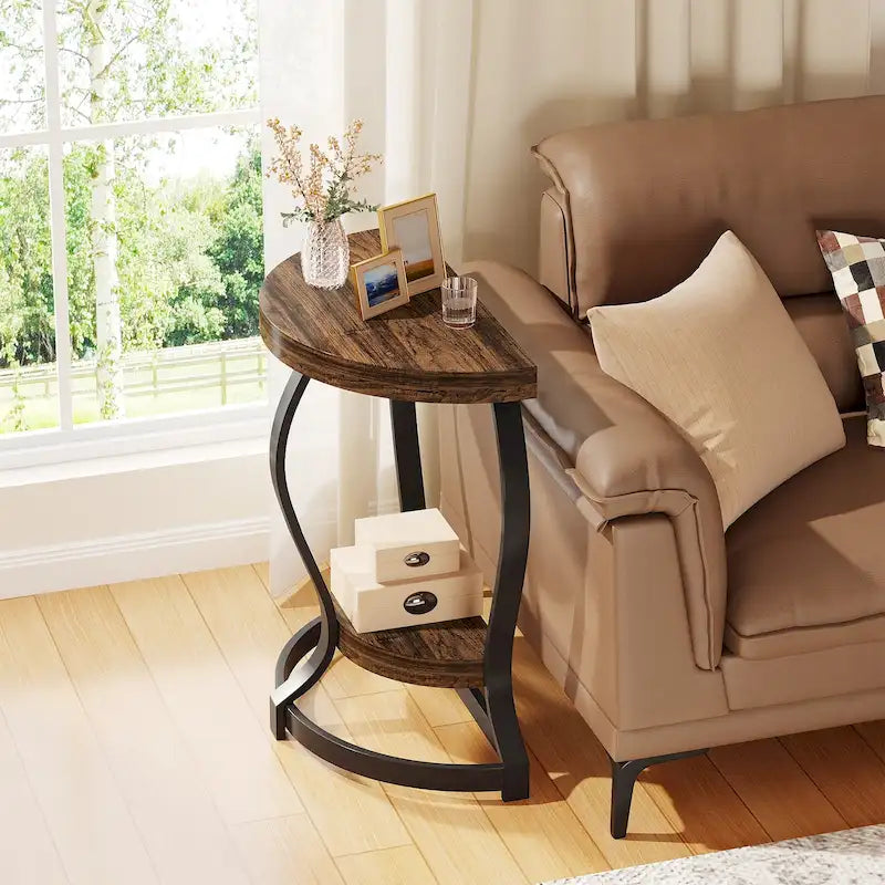 Half-Round End Table, 2-tier Wooden Half Moon Side Table Small Semi Circle Accent Table