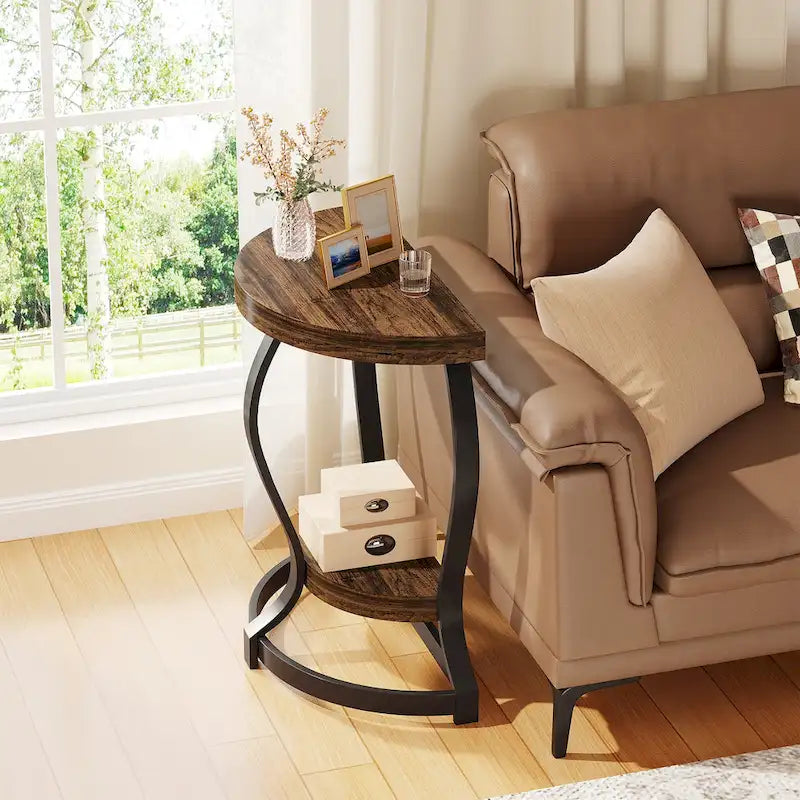 Half-Round End Table, 2-tier Wooden Half Moon Side Table Small Semi Circle Accent Table