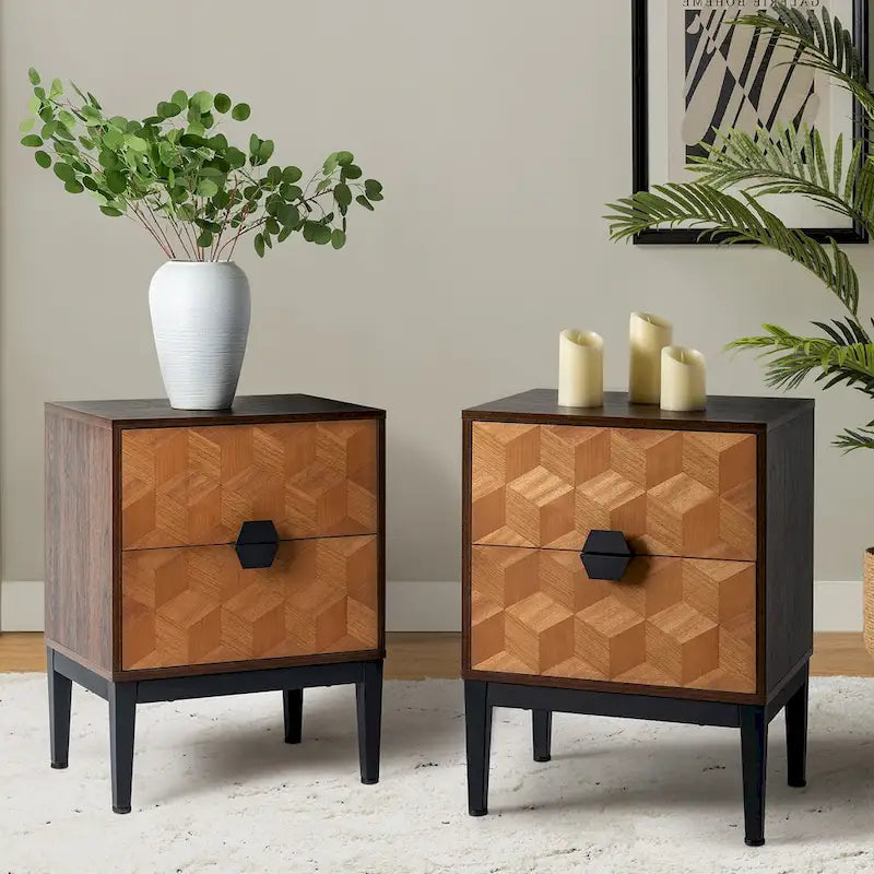 Apakah Modern 25Tall 2-Drawer Nightstand with Charging Station and Adjustable Legs Set of 2 by HULALA HOME