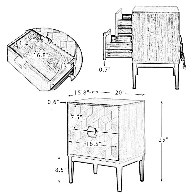 Apakah Modern 25Tall 2-Drawer Nightstand with Charging Station and Adjustable Legs Set of 2 by HULALA HOME