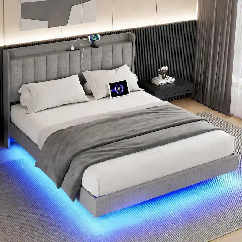 Modern Upholstered Floating Bed Frame with LED Lights