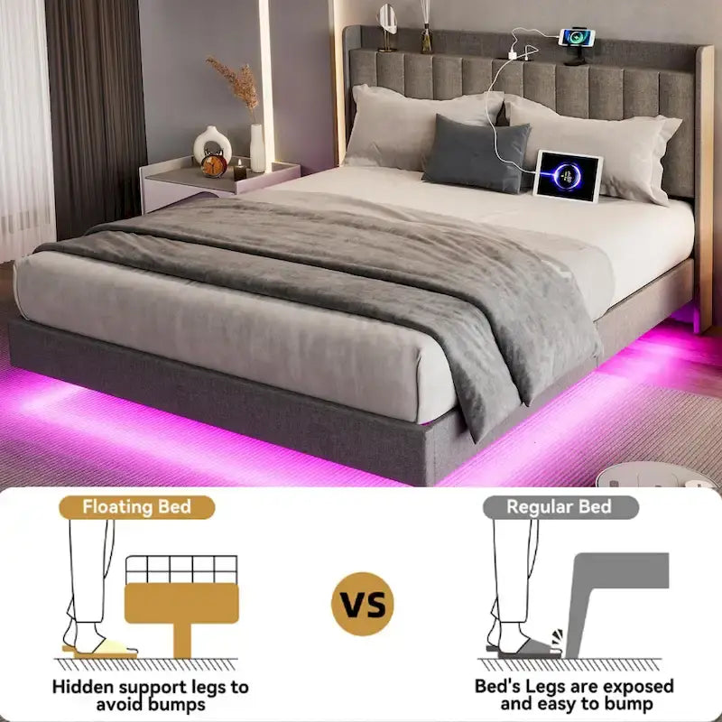 Modern Upholstered Floating Bed Frame with LED Lights
