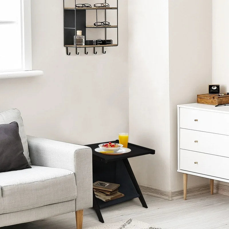 Casual Home Z-Shaped Sofa Side Table with Canvas Storage Basket