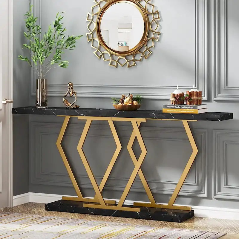 70.9 Inch Extra Long Modern Sofa Console Table with Faux Marble Tabletop Base Gold Frame for Living Room Entryway Hallway