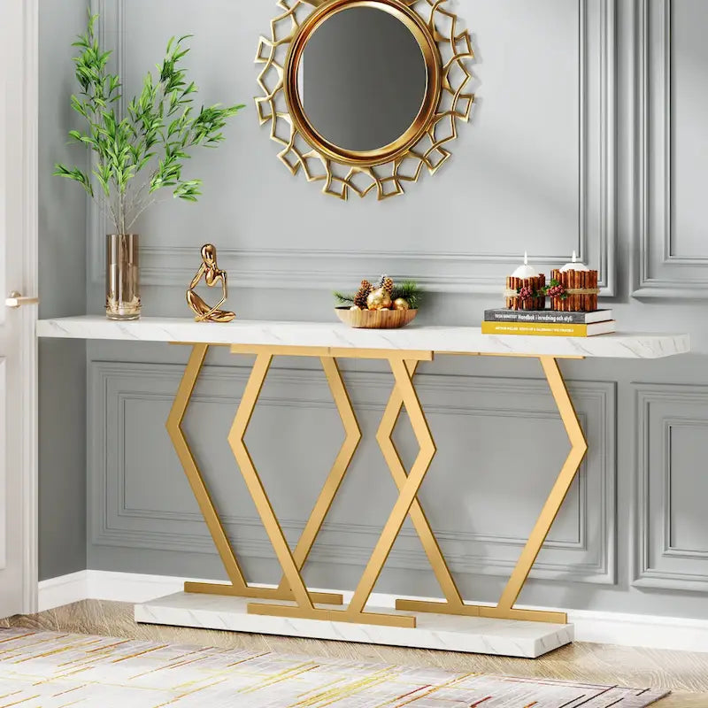 70.9 Inch Extra Long Modern Sofa Console Table with Faux Marble Tabletop Base Gold Frame for Living Room Entryway Hallway