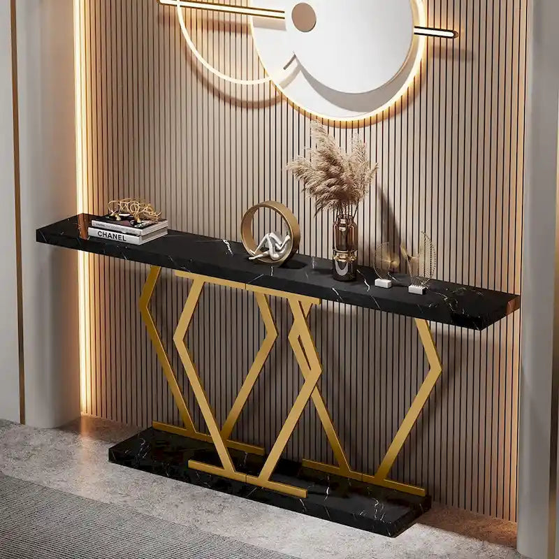 70.9 Inch Extra Long Modern Sofa Console Table with Faux Marble Tabletop Base Gold Frame for Living Room Entryway Hallway