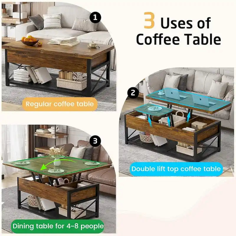 Lift Top Coffee Table Open Storage Shelf & Hidden Classified Storage