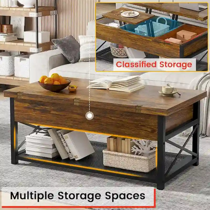 Lift Top Coffee Table Open Storage Shelf & Hidden Classified Storage