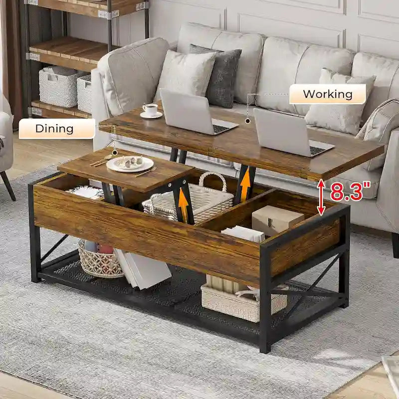 Lift Top Coffee Table Open Storage Shelf & Hidden Classified Storage