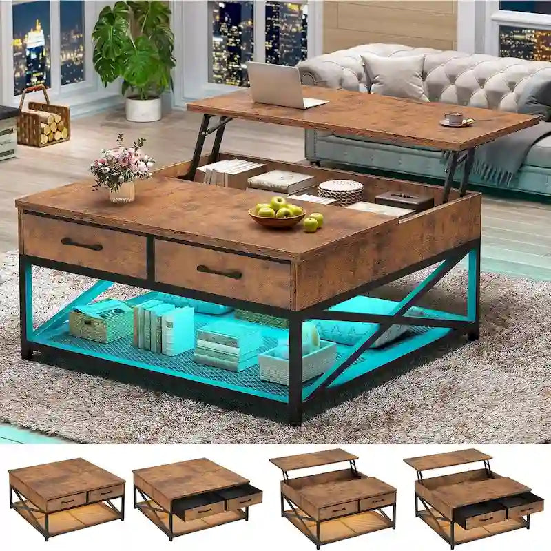 Lift Top Coffee Table Open Storage Shelf & Hidden Classified Storage