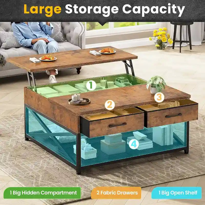 Lift Top Coffee Table Open Storage Shelf & Hidden Classified Storage