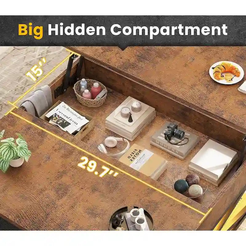 Lift Top Coffee Table Open Storage Shelf & Hidden Classified Storage