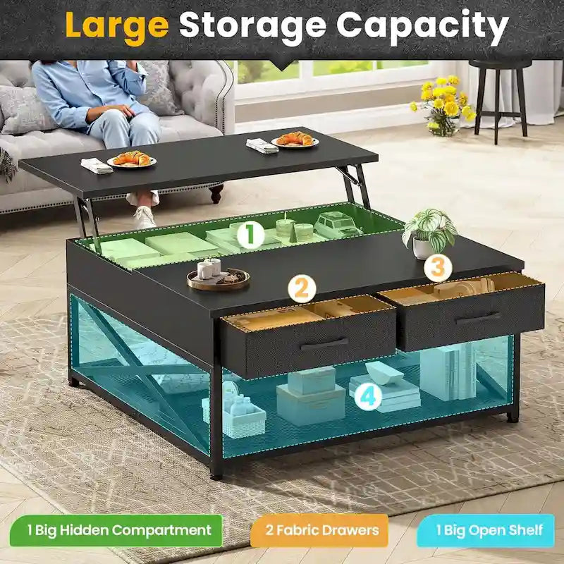 Lift Top Coffee Table Open Storage Shelf & Hidden Classified Storage